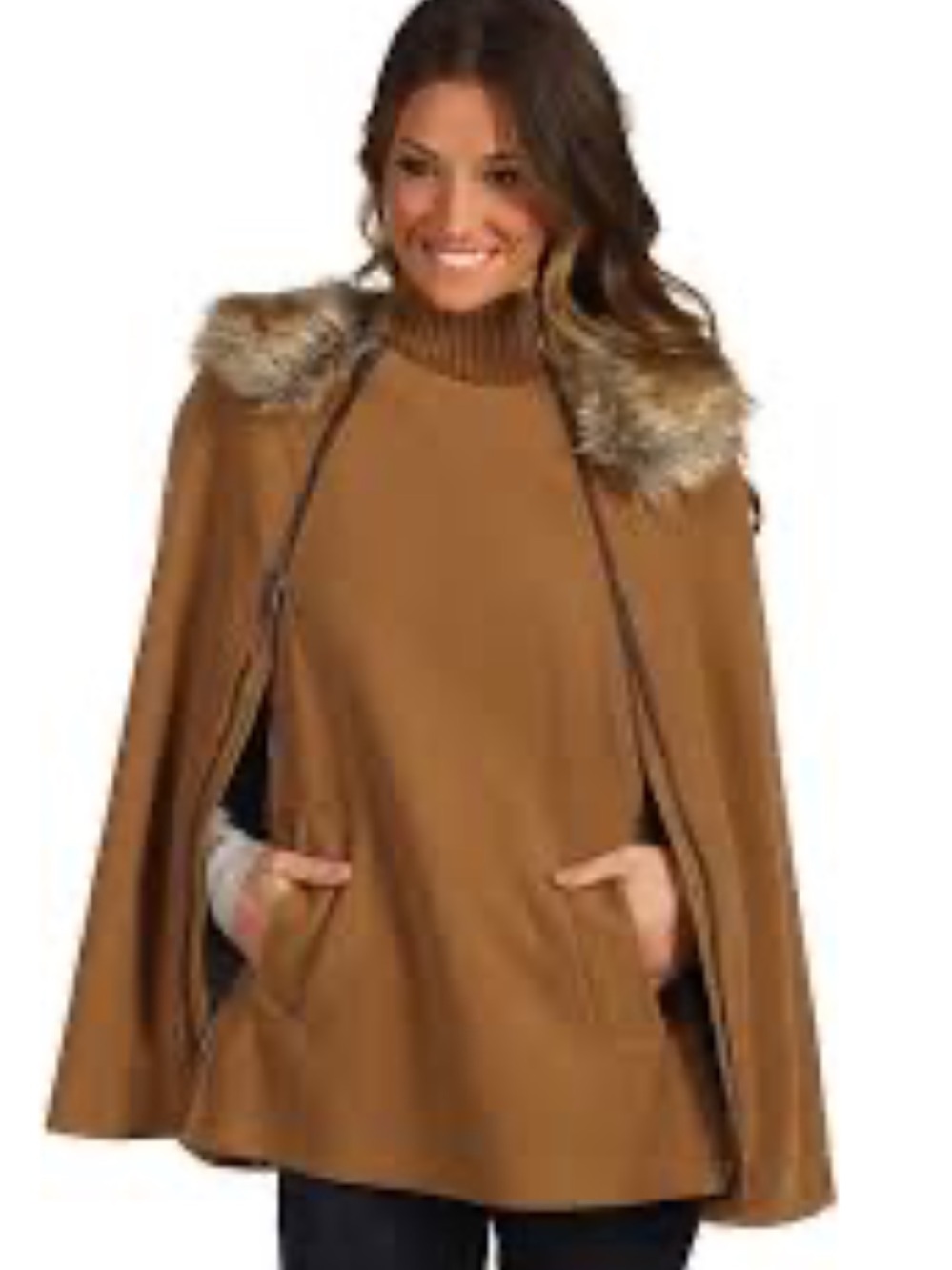 BCBGMaxAzria Camel Faux-Fur Collar Poncho Cape